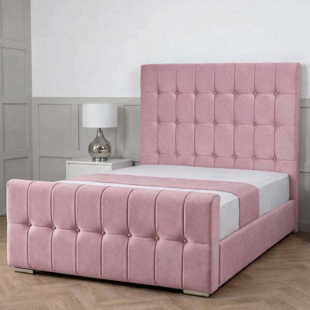 Living Comfort Bedz Belmont Plush Velvet Upholstered Bed Slatted Base - 48 Inch Headboard in Pink - Size: Small Double - image 1