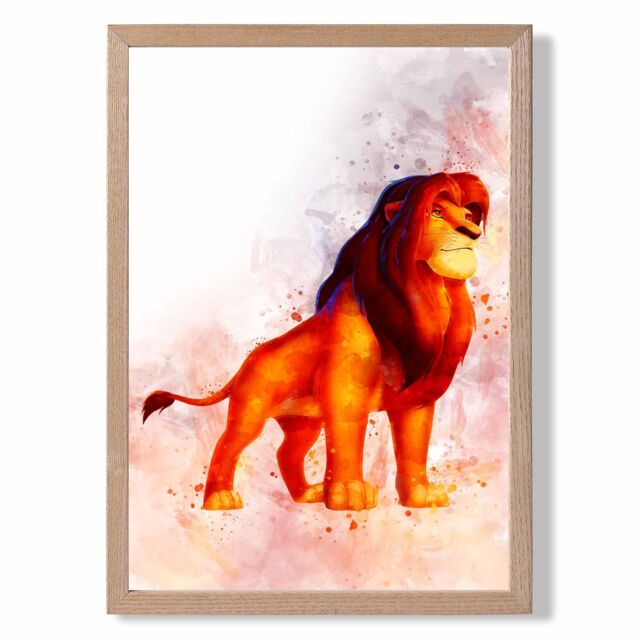 ARTZE Mufasa Watercolour Lion King Framed Print SIZE: A3 with Oak Frame in Red - image 1