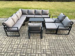 Fimous Aluminium Outdoor Garden Furniture Set Lounge Corner Sofa 3 Pcs Chair Oblong Coffee Table Sets with 2 Big Footstools Dark Grey - thumbnail 2