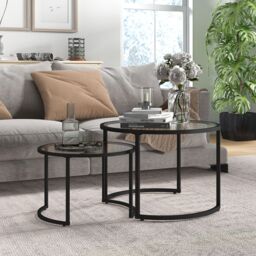 HOMCOM Nesting Coffee Table Set of 2 Round Side Tables for Living Room in Black - thumbnail 1