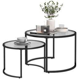 HOMCOM Nesting Coffee Table Set of 2 Round Side Tables for Living Room in Black - thumbnail 2