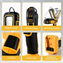 Hinsinc 140° Rotating Handheld Torch Cordless LED Work Light for Dewalt 18V 20V Battery in Yellow - thumbnail 8