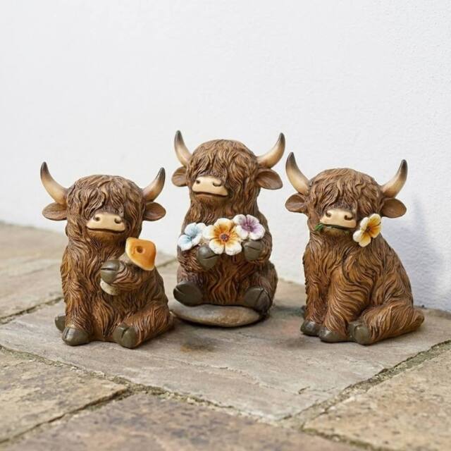 Garden Greatness Trio Highland Cow Garden Ornaments in Brown - Size: 3 Pack - image 1