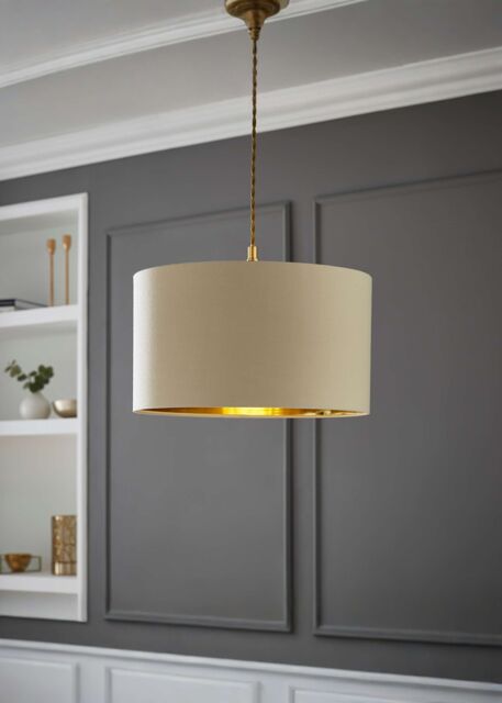 ValueLights Reni Beige with Metallic Gold Inner Easy Fit Drum Ceiling Lamp Shade - Size: Large - image 1