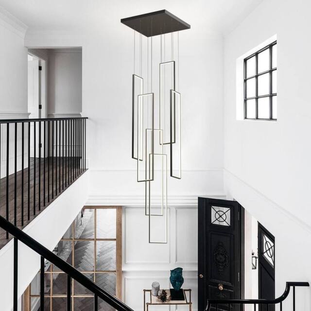 Garwarm 6Light Unique Rectangle LED Dimmable Pendant Long Staircase Chandelier in Black - image 1