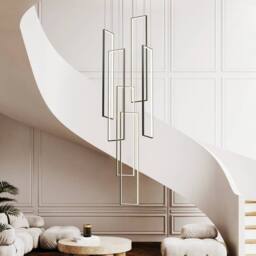 Garwarm 6Light Unique Rectangle LED Dimmable Pendant Long Staircase Chandelier in Black - thumbnail 2