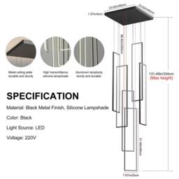 Garwarm 6Light Unique Rectangle LED Dimmable Pendant Long Staircase Chandelier in Black - thumbnail 4