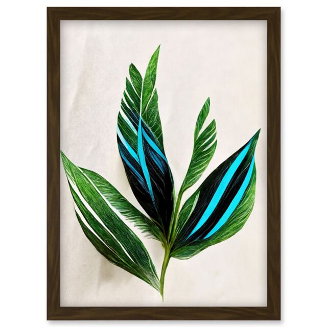 Artery8 Tropical Plant Feathery Leaves Green Turquoise Simple Botanical Illustration Artwork Framed Wall Art Print A4 in Brown - image 1