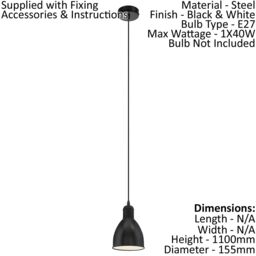 Loops Hanging Ceiling Pendant Light Black & White Steel 1 x 40W E27 Bulb - thumbnail 2