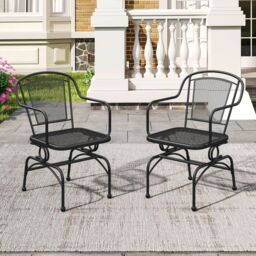 Costway Patio Rocking Chairs Set of 2 Cozy Rockers w/Metal Mesh Backrest in Black - thumbnail 3