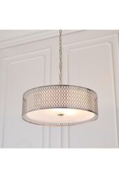 Netlighting Cordero 3 Light Round Ceiling Pendant Satin Nickel Plate & White Cotton Mix E27 in Grey - thumbnail 2