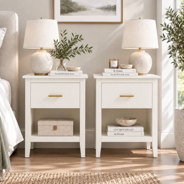 Merax Set of 2 Bedside Tables Nightstand with Drawer Open Shelf Modern Style in Cream - image 1