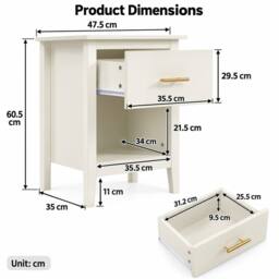 Merax Set of 2 Bedside Tables Nightstand with Drawer Open Shelf Modern Style in Cream - thumbnail 5