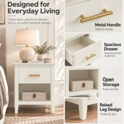 Merax Set of 2 Bedside Tables Nightstand with Drawer Open Shelf Modern Style in Cream - thumbnail 7