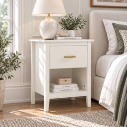 Merax Set of 2 Bedside Tables Nightstand with Drawer Open Shelf Modern Style in Cream - thumbnail 3