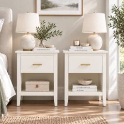 Merax Set of 2 Bedside Tables Nightstand with Drawer Open Shelf Modern Style in Cream - thumbnail 1