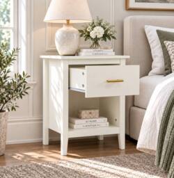 Merax Set of 2 Bedside Tables Nightstand with Drawer Open Shelf Modern Style in Cream - thumbnail 4