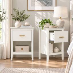 Merax Set of 2 Bedside Tables Nightstand with Drawer Open Shelf Modern Style in Cream - thumbnail 2