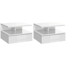 HOMCOM Floating Nightstand Set of 2, Wall Mounted Bedside Cabinet in White - thumbnail 2