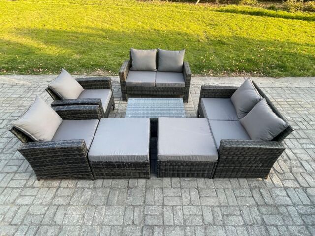 Fimous Outdoor Rattan Garden Furniture Set 8 Seater Patio Lounge Sofa Set with Coffee Table 2 Big Footstool Dark Grey Mixed