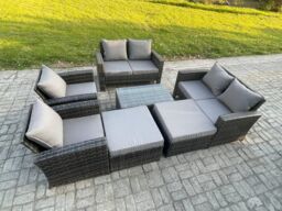 Fimous Outdoor Rattan Garden Furniture Set 8 Seater Patio Lounge Sofa Set with Coffee Table 2 Big Footstool Dark Grey Mixed - thumbnail 2