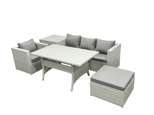Fimous Rattan Garden Furniture Set Outdoor 5 Seater Patio Dining Sets with Glass Top Dining Table & Side Table Light Grey Mixed - image 1