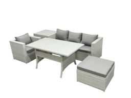 Fimous Rattan Garden Furniture Set Outdoor 5 Seater Patio Dining Sets with Glass Top Dining Table & Side Table Light Grey Mixed - thumbnail 1