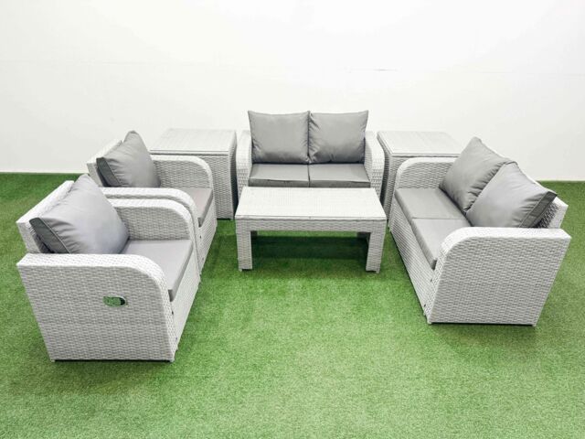 Fimous 6 Seater Outdoor Reclining Chair Love Sofa Set Rattan Garden Furniture Set with Oblong Coffee Table 2 Side Tables Light Grey - image 1