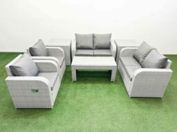 Fimous 6 Seater Outdoor Reclining Chair Love Sofa Set Rattan Garden Furniture Set with Oblong Coffee Table 2 Side Tables Light Grey - thumbnail 1