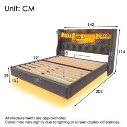 BTM Ottoman Upholstered Storage Floating Bed Frame with LED USB charging in Grey - Size: Double - thumbnail 2