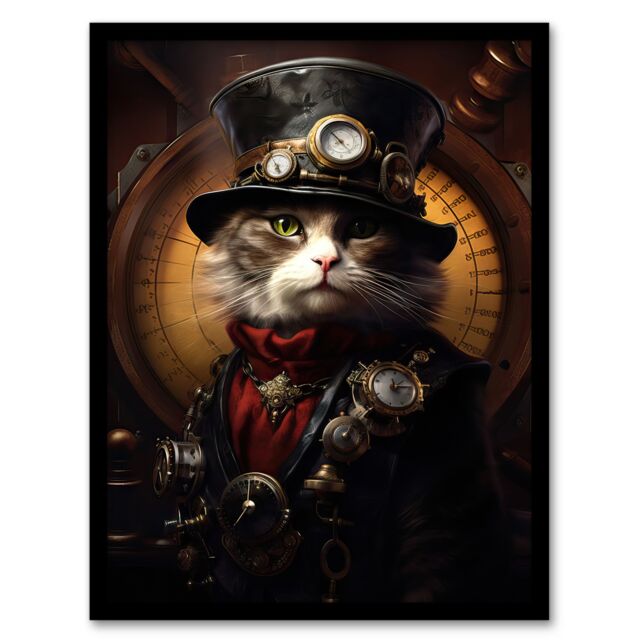 "Artery8 Wall Art Print Sir Henry Trumpington III Steampunk Sea Cat Captain Fun Artwork Art Framed in Black - Size: W12"" x H16""" - image 1