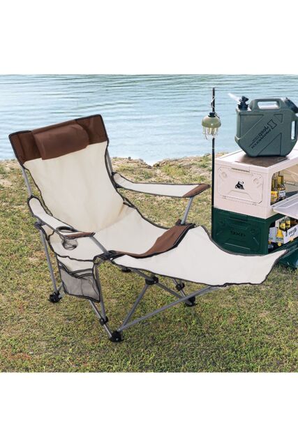 Living and Home Foldable Reclining Camping Chair with Footrest in Beige - image 1