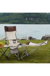 Living and Home Foldable Reclining Camping Chair with Footrest in Beige - thumbnail 3