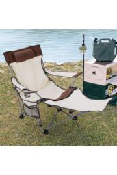 Living and Home Foldable Reclining Camping Chair with Footrest in Beige - thumbnail 1