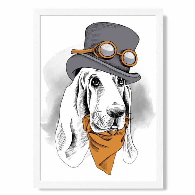 ARTZE Steam Punk Hound Dog Sketch Framed Print SIZE: A3 with White Frame in Orange - Size: A4 - image 1