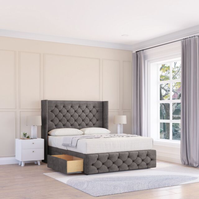 "Sloomy Luthor Naples Wingback Bed Set, 2 Drawers & 54"" Floor Standing Headboard in Dark Grey - Size: King" - image 1