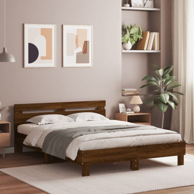 Berkfield Home Bed Frame with LED without Mattress Brown Oak 140x190 cm - image 1
