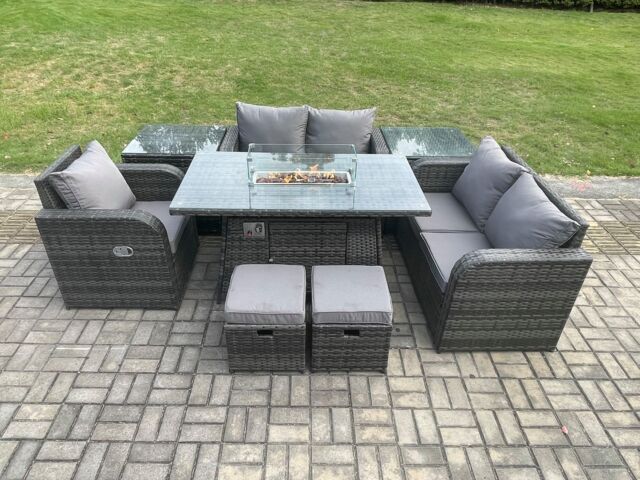 Fimous Outdoor Sofa Rattan Garden Furniture Set Patio Gas Fire Pit Dining Table & Reclining Chair set with 2 Side Tables 2 Small Footstools Dark - image 1