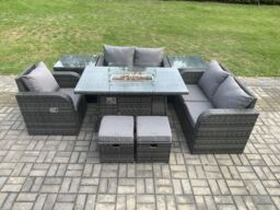 Fimous Outdoor Sofa Rattan Garden Furniture Set Patio Gas Fire Pit Dining Table & Reclining Chair set with 2 Side Tables 2 Small Footstools Dark - thumbnail 1