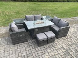Fimous Outdoor Sofa Rattan Garden Furniture Set Patio Gas Fire Pit Dining Table & Reclining Chair set with 2 Side Tables 2 Small Footstools Dark - thumbnail 3