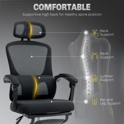 HOMCOM Mesh Ergonomic Office Chair with Lumbar Support, Headrest in Black - thumbnail 4