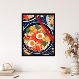 Wee Blue Coo Wall Art Print A Riot Of Ramen Vibrant Food Painting Red Blue Orange Egg Noodle Dinner Art Framed - Size: A4 - thumbnail 4