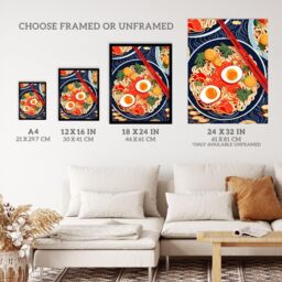 Wee Blue Coo Wall Art Print A Riot Of Ramen Vibrant Food Painting Red Blue Orange Egg Noodle Dinner Art Framed - Size: A4 - thumbnail 3
