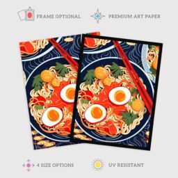 Wee Blue Coo Wall Art Print A Riot Of Ramen Vibrant Food Painting Red Blue Orange Egg Noodle Dinner Art Framed - Size: A4 - thumbnail 2