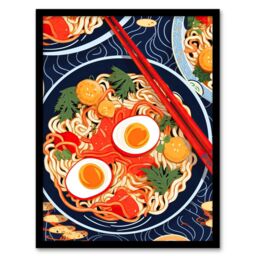 Wee Blue Coo Wall Art Print A Riot Of Ramen Vibrant Food Painting Red Blue Orange Egg Noodle Dinner Art Framed - Size: A4 - thumbnail 1