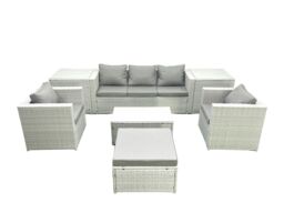 Fimous Rattan Garden Furniture Set with 3 Seater Sofa 2 Chair Rectangular Coffee Table Big Footstool 2 Side Tables Light Grey Mixed 6 Seater - thumbnail 2