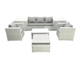 Fimous Rattan Garden Furniture Set with 3 Seater Sofa 2 Chair Rectangular Coffee Table Big Footstool 2 Side Tables Light Grey Mixed 6 Seater - thumbnail 1