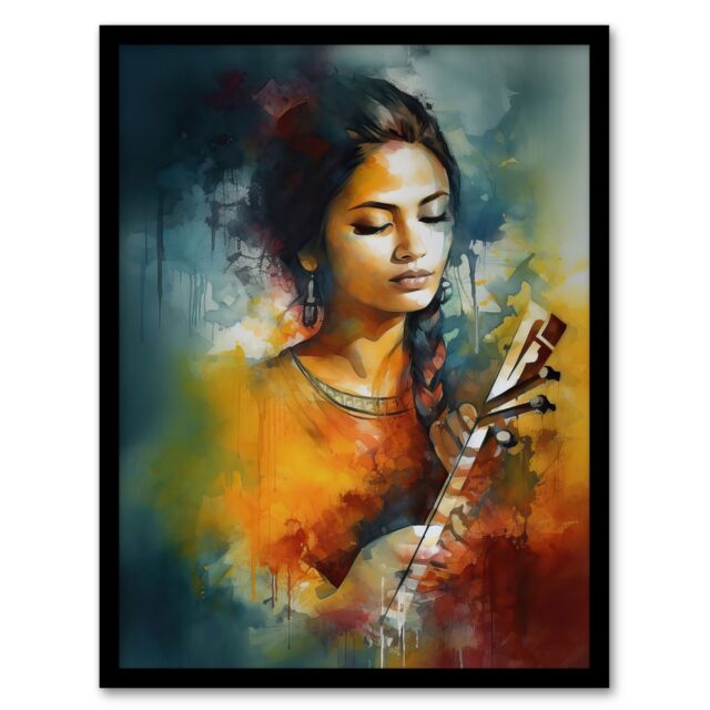 Artery8 Wall Art Print Woman Playing Classical Indian Folk Music Watercolour Painting Ragini Musician Portrait Art Framed - Size: A4 - image 1