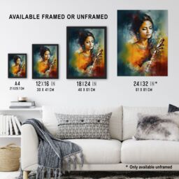 Artery8 Wall Art Print Woman Playing Classical Indian Folk Music Watercolour Painting Ragini Musician Portrait Art Framed - Size: A4 - thumbnail 3
