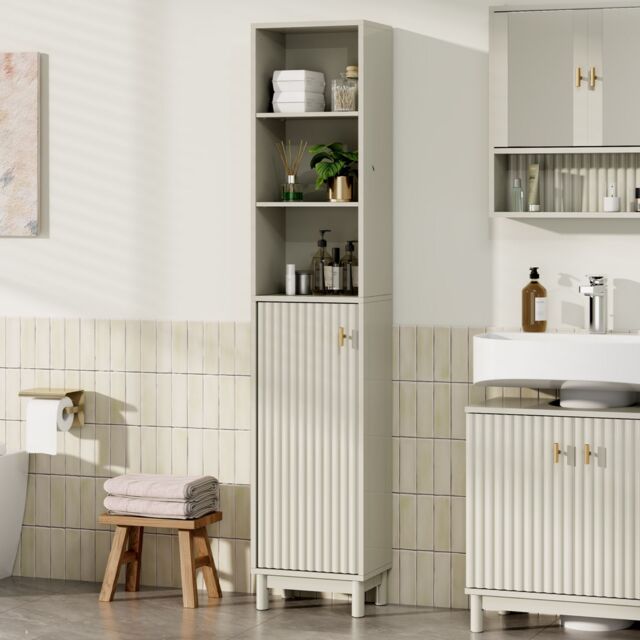 VonHaus Victoria Freestanding Slim Tall Bathroom Storage Cabinet in Stone - image 1